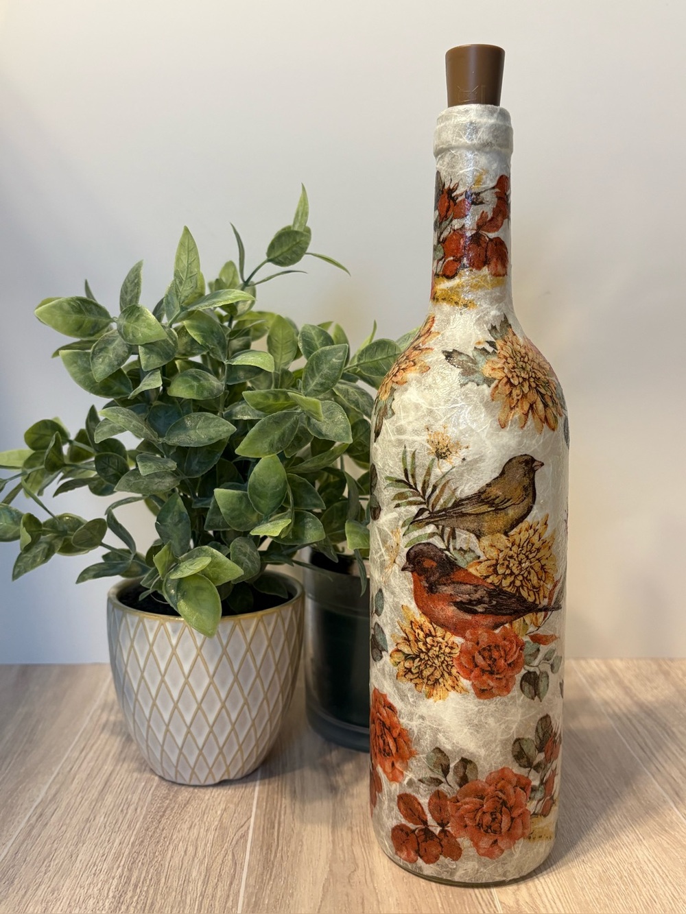 Decorated Bottle, Fall Decor, Bird Decor, Home Decor